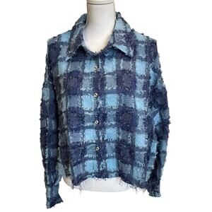 White Birch Jacket Crop Top Large Blue Patchwork Plaid Eyelash Button Up